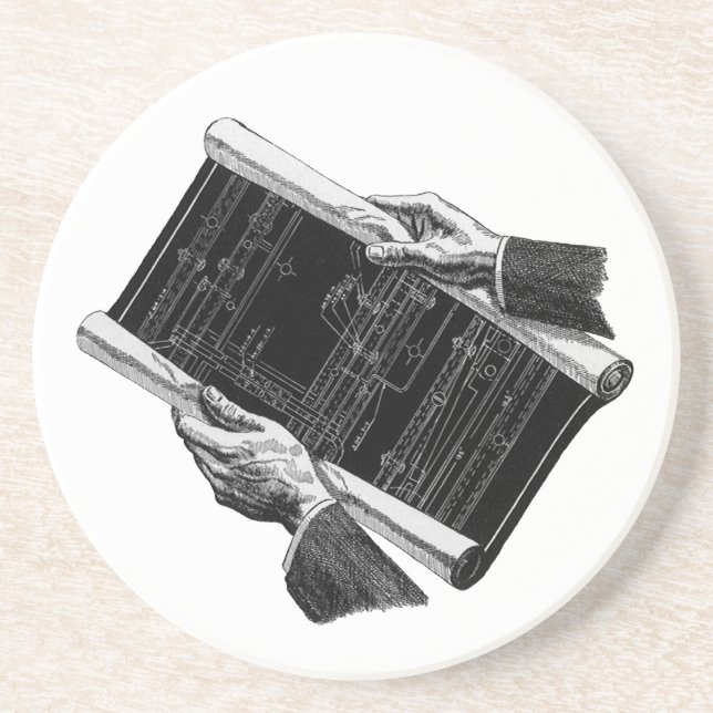 Hands w Architectural Blueprints, Vintage Business Coaster (Front)