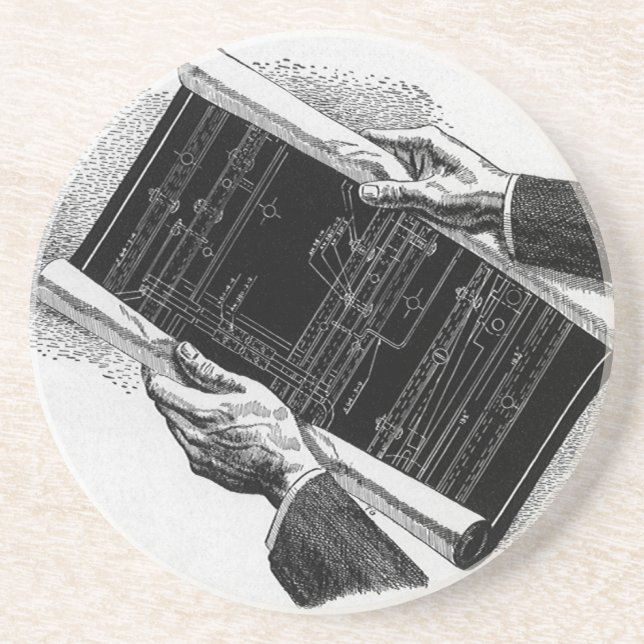 Hands w Architectural Blueprints, Vintage Business Coaster (Front)