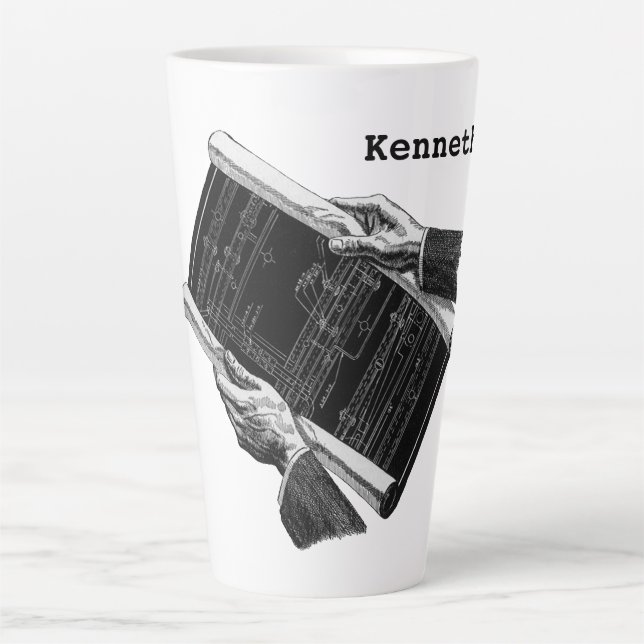 Hands w Architectural Blueprints, Vintage Business Latte Mug (Front)