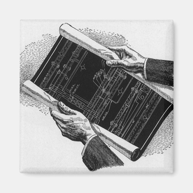 Hands w Architectural Blueprints, Vintage Business Magnet (Front)
