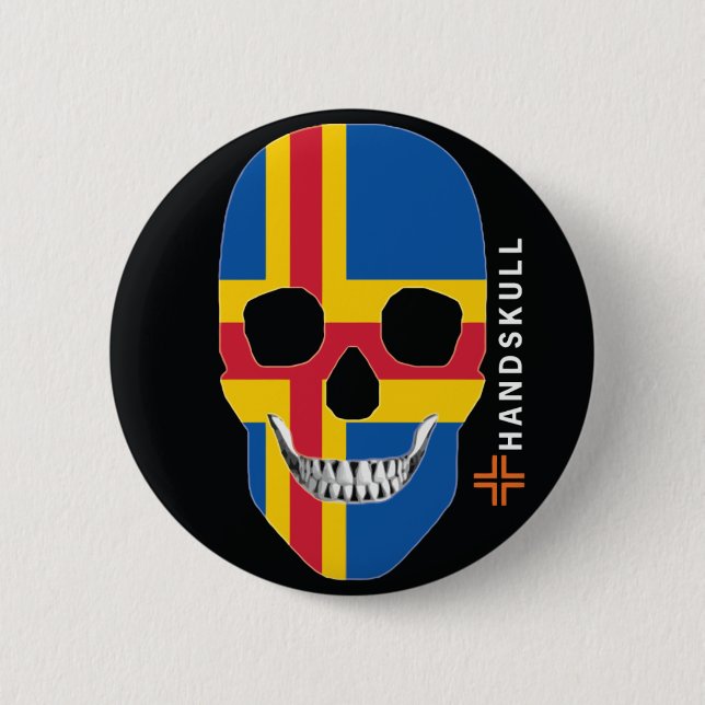 HANDSKULL Åland,Happy skull,Åland flag 6 Cm Round Badge (Front)