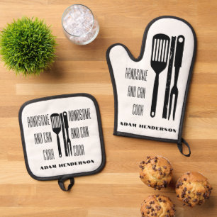 Handsome and Can Cook Custom Name Oven Mitt & Pot Holder Set