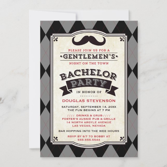 Handsome Black and Grey Argyle Bachelor Party Invitation (Front)