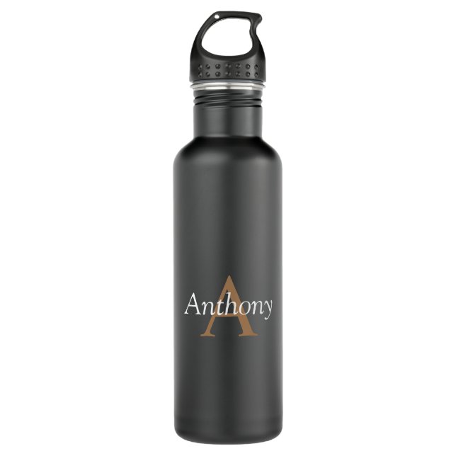 Handsome Black Modern Gold Monogram Initial 710 Ml Water Bottle (Front)