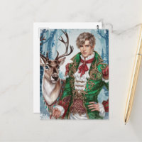 Handsome blonde man and a Reindeer Christmas