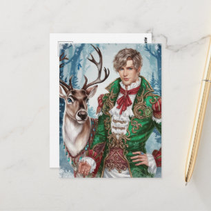 Handsome blonde man and a Reindeer Christmas Postcard