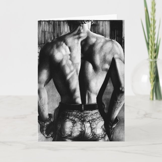 Handsome Bodybuilder In Tight Jeans Original Art Holiday Card (Front)