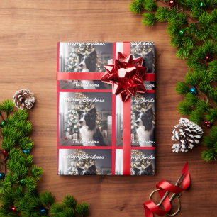 Handsome Border Collie and Christmas Tree  Red Wrapping Paper