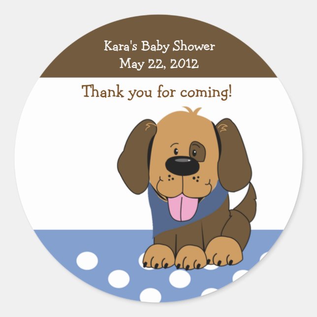 Handsome Brown Puppy Baby Shower Favour Sticker (Front)