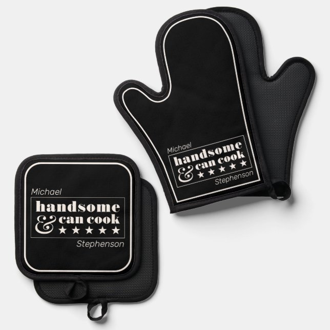 Handsome & Can Cook Mens Black White Father's Day Oven Mitt & Pot Holder Set (Front/Back)