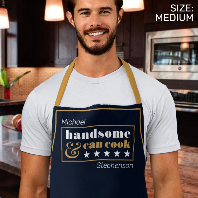 Handsome & Can Cook Mens Navy Blue Father's Day Apron (Man in kitchen wearing apron)