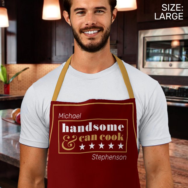 Handsome Cook Chic Dark Red Funny Men's  Apron (Man in kitchen wearing apron)
