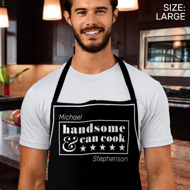 Handsome Cook Funny Mens Black White Father's Day Apron (Mockup of man in kitchen wearing apron)