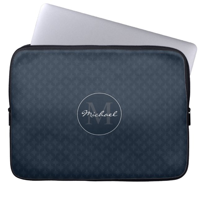 Handsome Dark Navy Blue Personalised Monogram Laptop Sleeve (Front)