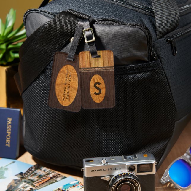 Handsome Faux Wood Monogrammed Luggage Tag (Front & Back)