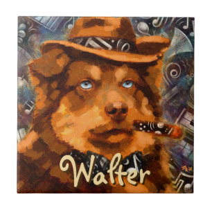 Handsome Gangster Dog w/Blue Eyes Personalised Tile