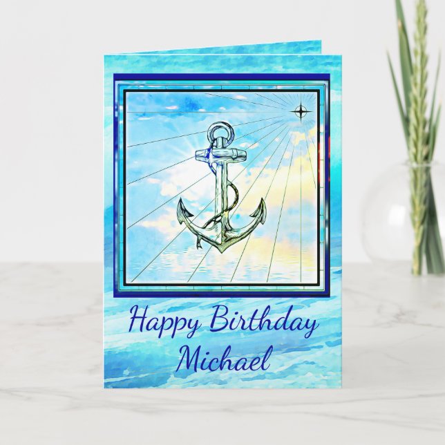 Handsome Kedge Anchor and Ocean Wave Birthday Card (Front)