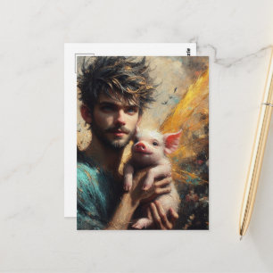 Handsome Male Fairy With Baby Pig Postcard