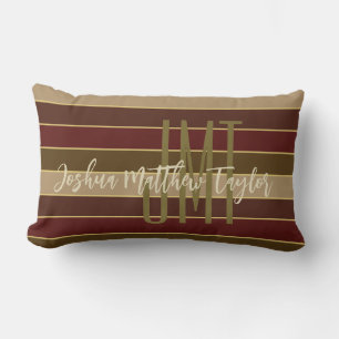 HANDSOME MONOGRAM NAME GOLD CRIMSON BROWN STRIPES LUMBAR CUSHION