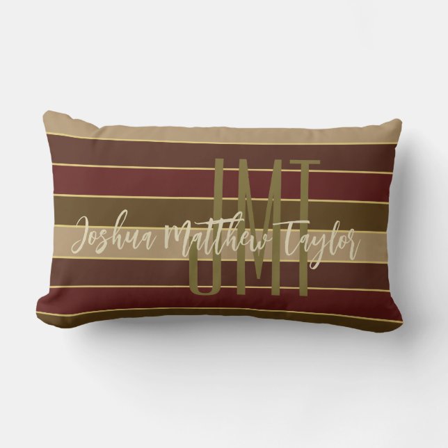HANDSOME MONOGRAM NAME GOLD CRIMSON BROWN STRIPES LUMBAR CUSHION (Front)
