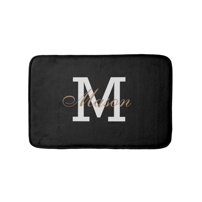 Handsome Monogram Name Initial Chic Black Gold Bath Mat (Front)