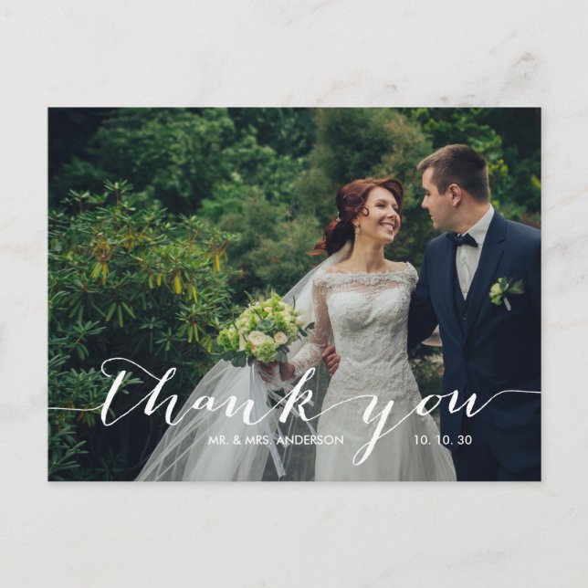 Handwriting 2 Photo Wedding Thank You Postcard (Front)