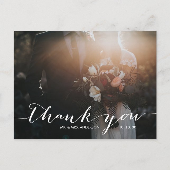 Handwriting 2 Photo Wedding Thank You Postcard (Front)