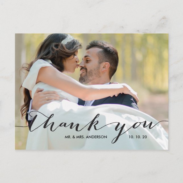 Handwriting Black 2 Photo Wedding Thank You Postcard (Front)