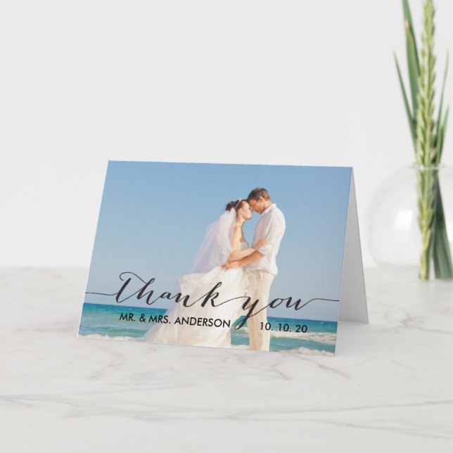 Handwriting Black | Wedding Photo Thank You Card (Front)