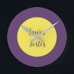 Handwriting Elegant Name Indigo & Yellow Colour Round Clock<br><div class="desc">An attractive,  eye-catching yet extremely simple design. I'm sure this is exactly what you're looking for.</div>