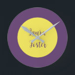 Handwriting Elegant Name Indigo & Yellow Colour Round Clock<br><div class="desc">An attractive,  eye-catching yet extremely simple design. I'm sure this is exactly what you're looking for.</div>