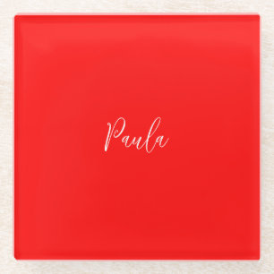 Handwriting Elegant Name Red Colour Plain Glass Coaster