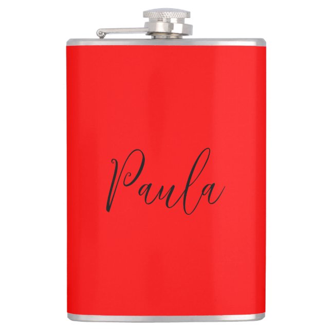 Handwriting Elegant Name Red Colour Plain Hip Flask (Front)