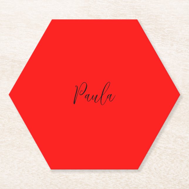 Handwriting Elegant Name Red Colour Plain Paper Coaster (Front)