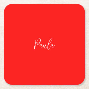 Handwriting Elegant Name Red Colour Plain Square Paper Coaster