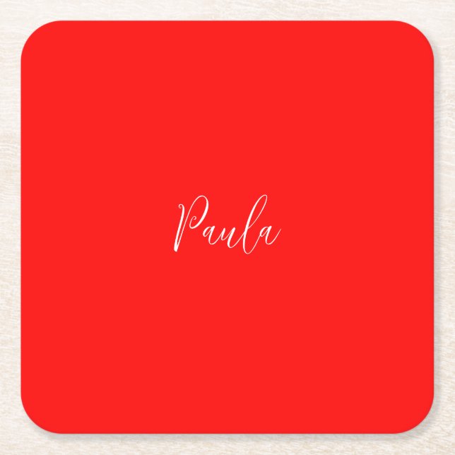 Handwriting Elegant Name Red Colour Plain Square Paper Coaster (Front)