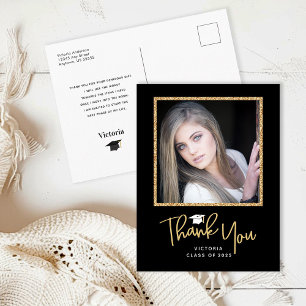 Handwriting Gold and Black Graduation Thank You Postcard