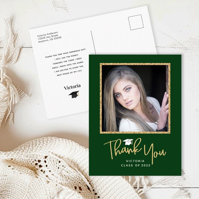 Handwriting Gold & Dark Green Graduation Thank You Postcard (Creator Uploaded)