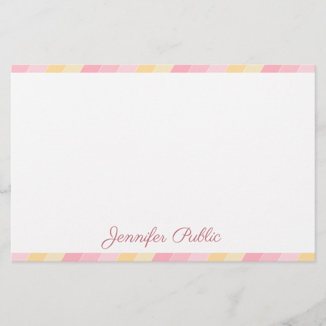 Handwriting Name Text Pink Yellow White Template Stationery (Front)