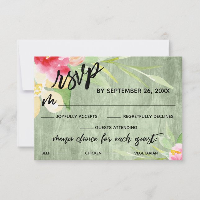 Handwriting Painted Floral Green Wood Menu Choice (Front)