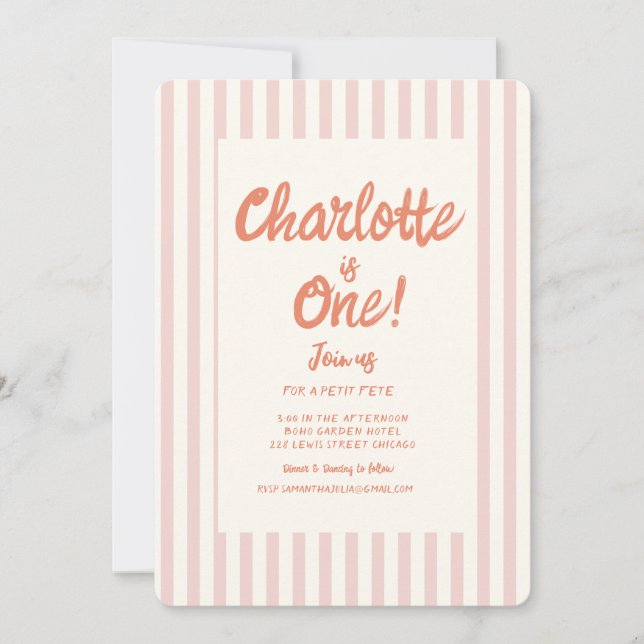Handwriting Pink Pastel Retro Baby Birthday Invitation (Front)