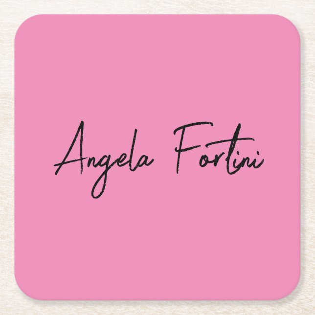 Handwriting Plain Simple Pink Professional Name Square Paper Coaster (Front)