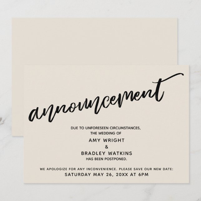 Handwriting Postponed Wedding Cream Announcement (Front/Back)