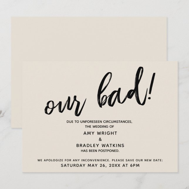 Handwriting Postponed Wedding Humour Cream Card (Front/Back)