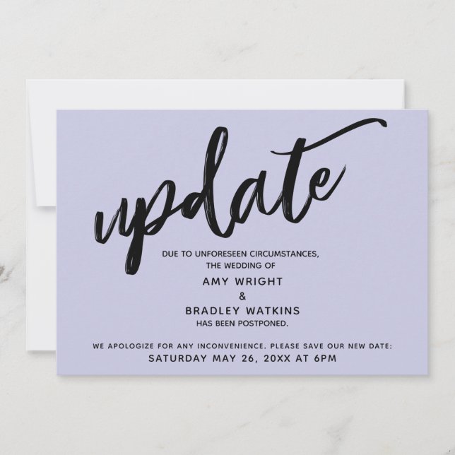Handwriting Postponed Wedding Lavender Card (Front)