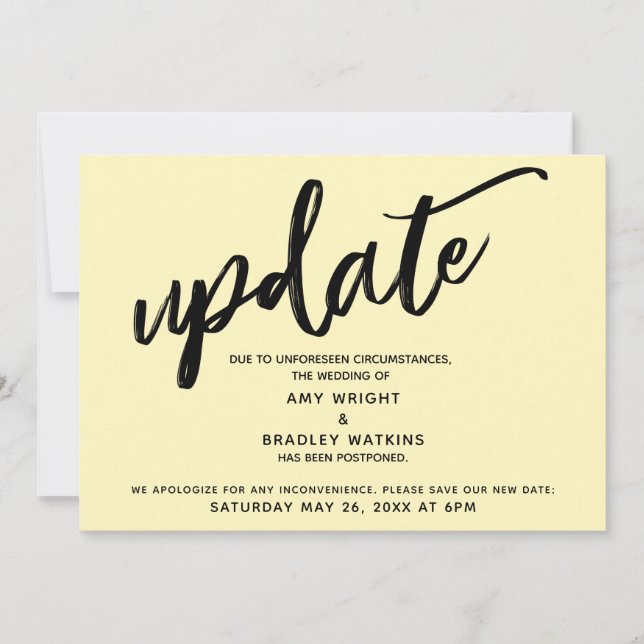 Handwriting Postponed Wedding Pale Yellow Card (Front)