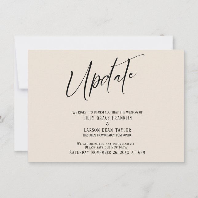 Handwriting Postponed Wedding Update Cream Card (Front)
