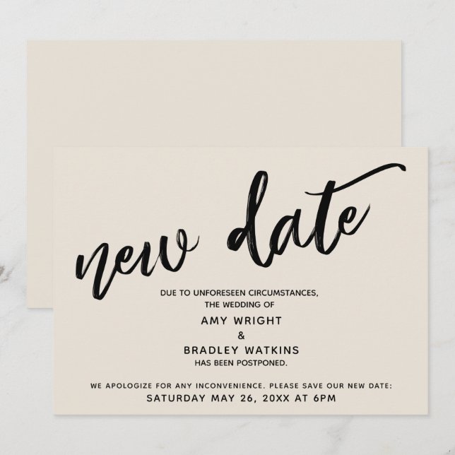 Handwriting Postponed Wedding Update Cream Card (Front/Back)