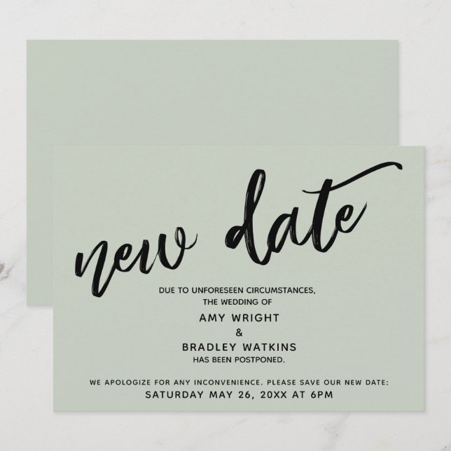 Handwriting Postponed Wedding Update Sage Card (Front/Back)