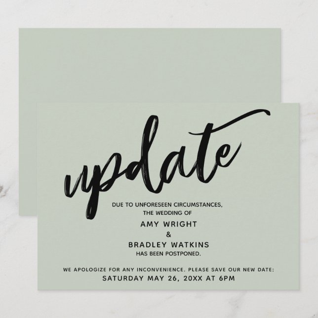 Handwriting Postponed Wedding Update Sage Card (Front/Back)